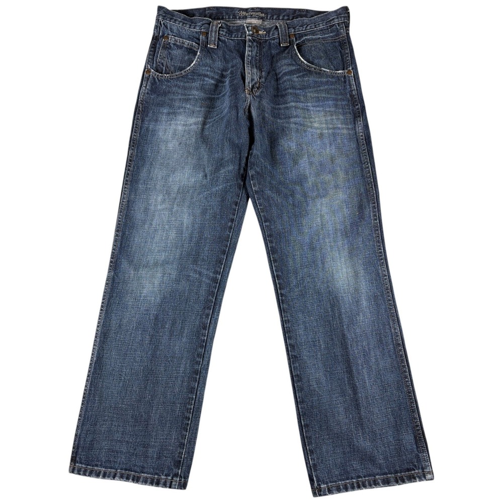 VTG Wrangler Straight Leg Jeans Mens 34x31 Blue Washed Faded Workwear Heritage